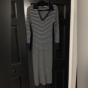 LOFT Navy and White Long Sleeve Dress